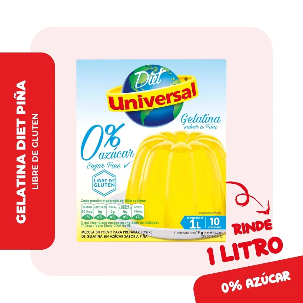 Universal gelatina dieta piña paquete x 12 und (19gr)