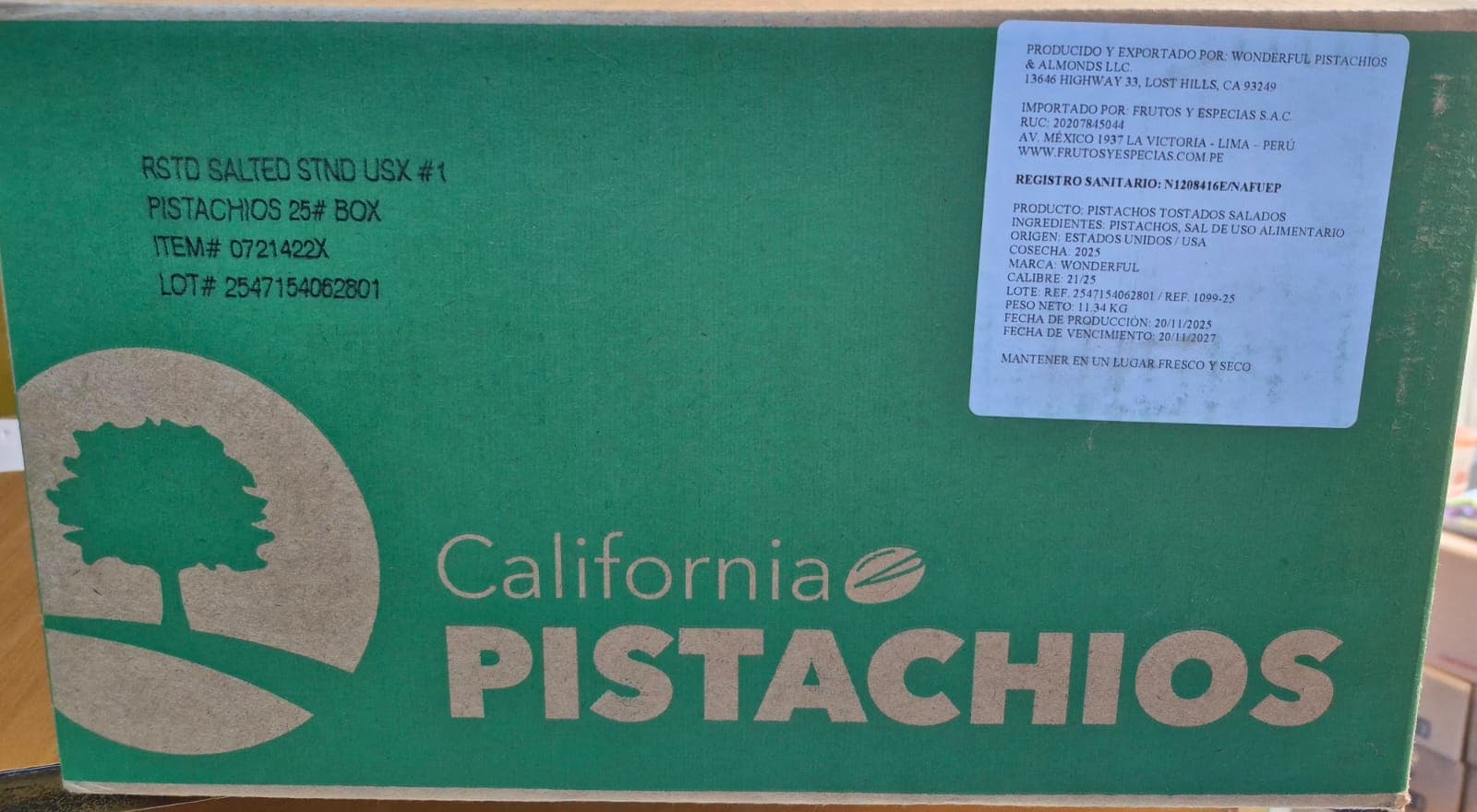 Frutos secos pistachos caja x 11.34 kg