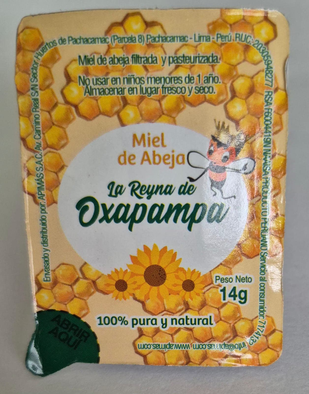 Miel de abeja "La Reyna De Oxapampa" 14 gr caja x 180